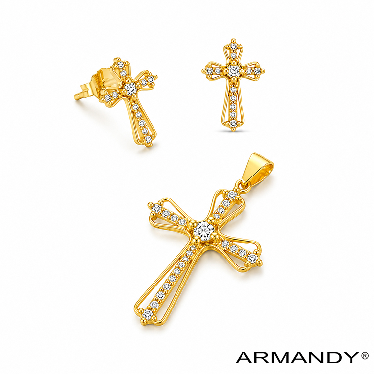 JUEGO CRUZ ZIRCONIA CHAPA DE ORO 18 KT - Imagen 3