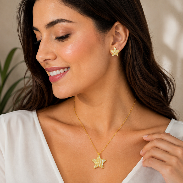JUEGO ESTRELLA MICROZIRCONIA CHAPA DE ORO 18 KT