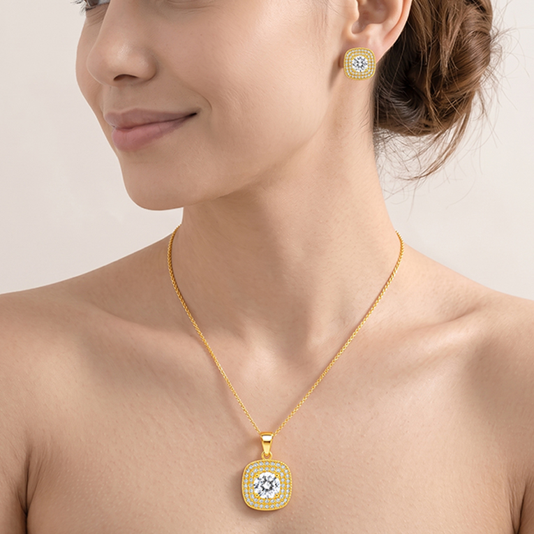 JUEGO CUADRO ZIRCONIA CHAPA DE ORO 18 KT - Imagen 2