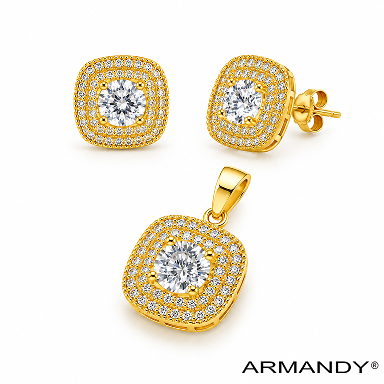 JUEGO CUADRO ZIRCONIA CHAPA DE ORO 18 KT - Imagen 3